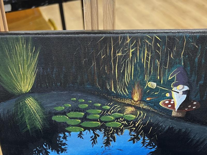 Acrylic painting of a moonlit pond with lily pads and glowing reflections, from the Wednesday evening acrylic course