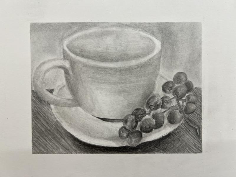 Pencil drawing of a teacup, saucer and grapes from a beginners drawing class