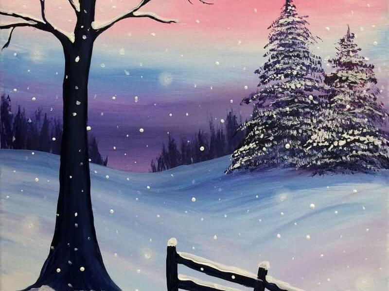 Canvas & Cocoa sample painting: a snowy winter tree and pines under a pink and purple sky with a full moon