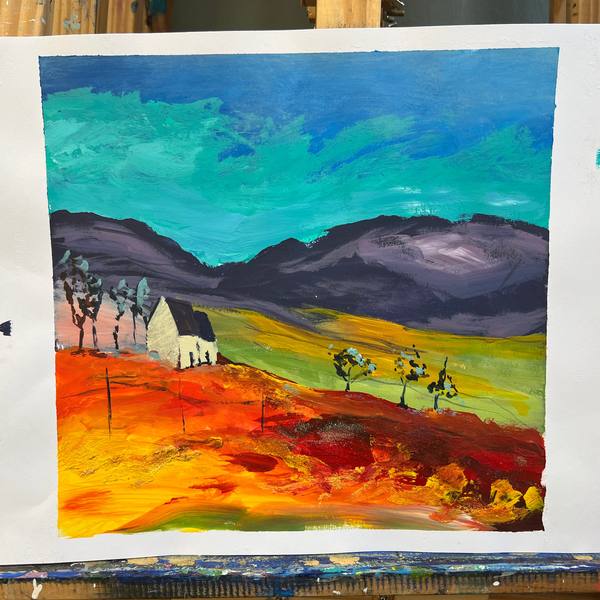 Bold acrylic landscape with red fields
