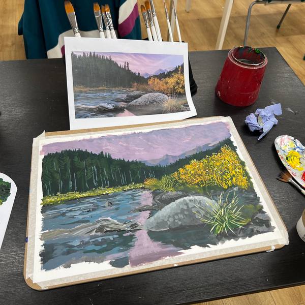 Acrylic river landscape with mountains