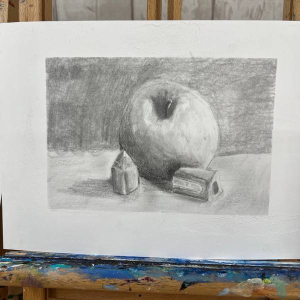 Graphite drawing of an apple and a jug