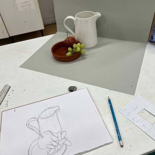 A drawing still life set up in the studio