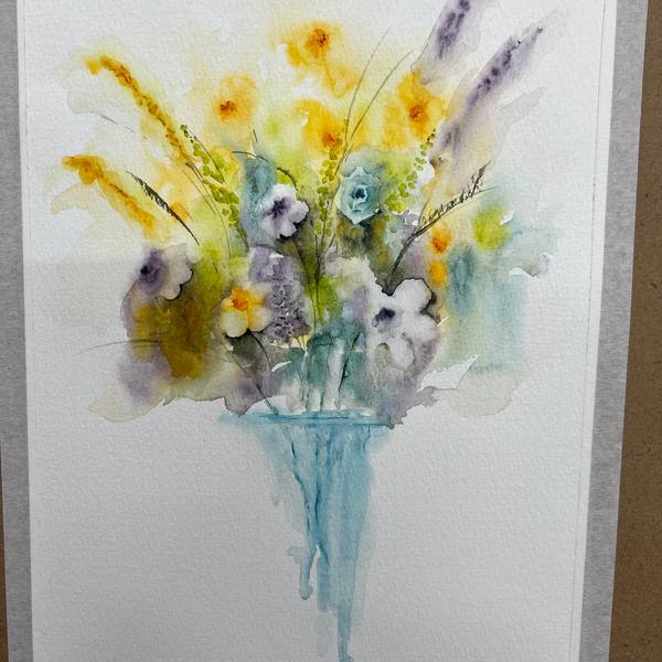 Watercolour of yellow and blue flowers
