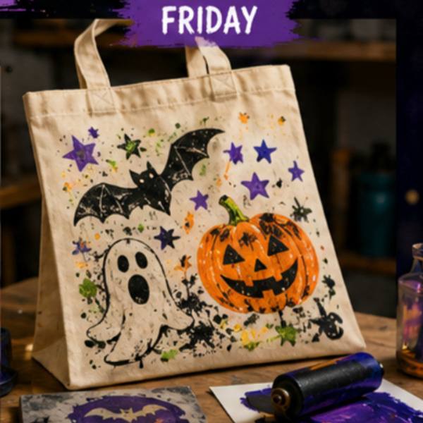 A Halloween tote bag decorated with bats and pumpkins