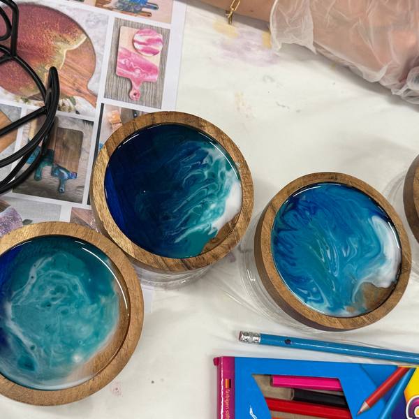 Resin coasters in ocean blues