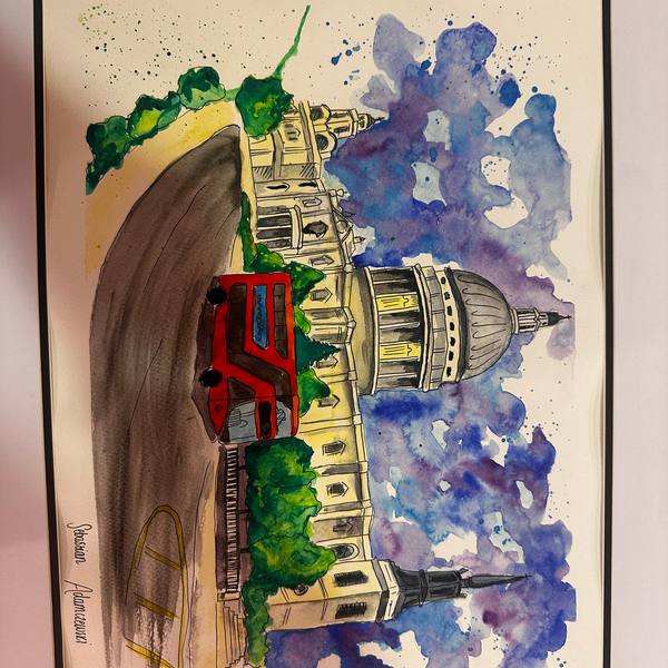 Ink and watercolour sketchbook page of a building