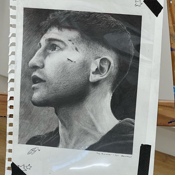 Graphite pencil portrait of an actor in profile, drawn from a reference photo by a Teen Creative Programme student