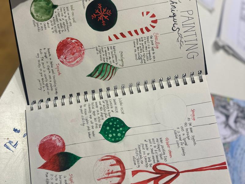 Sketchbook pages of festive design studies from a home education art class