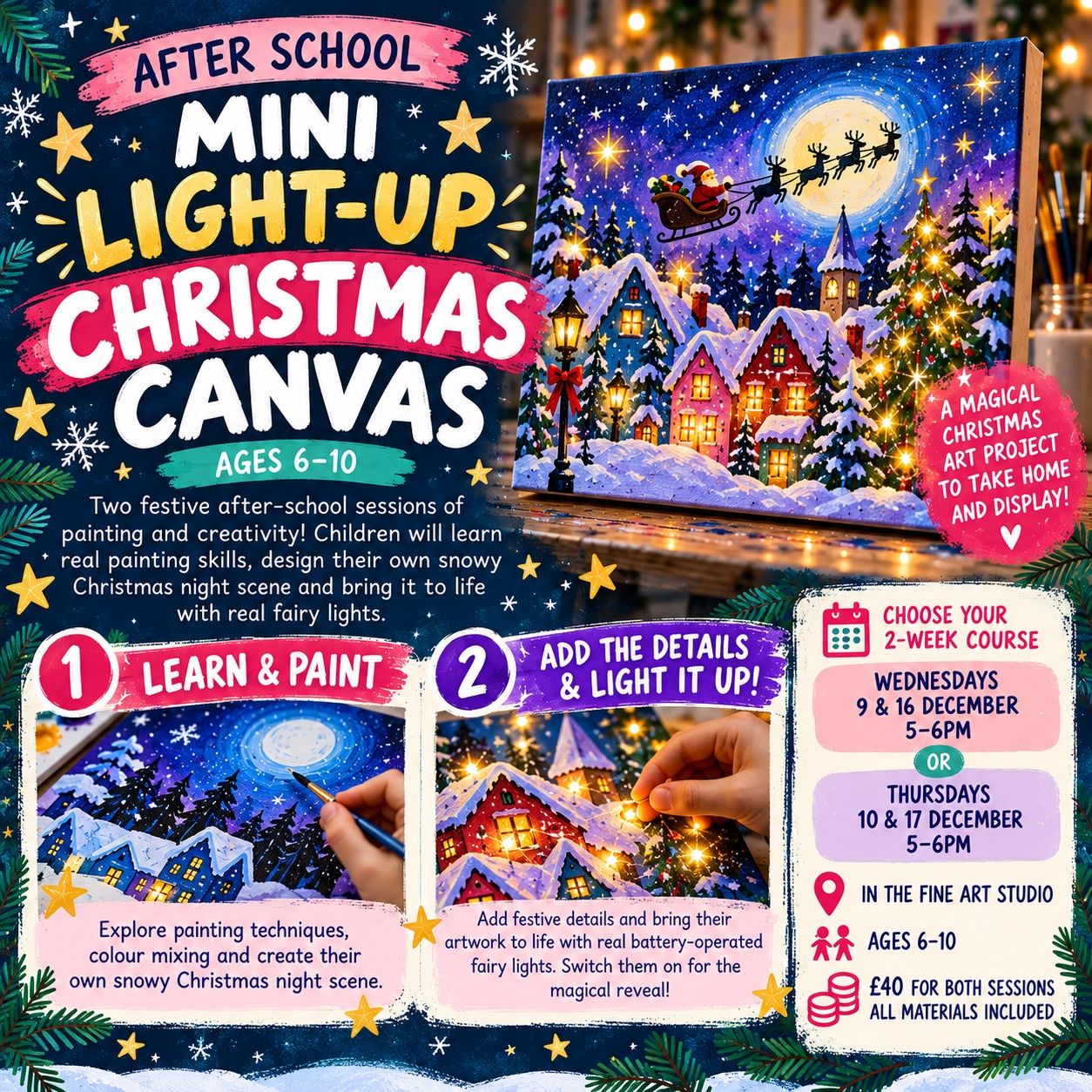 Mini Light-up Christmas Canvas: a glowing snowy village scene with Santa’s sleigh